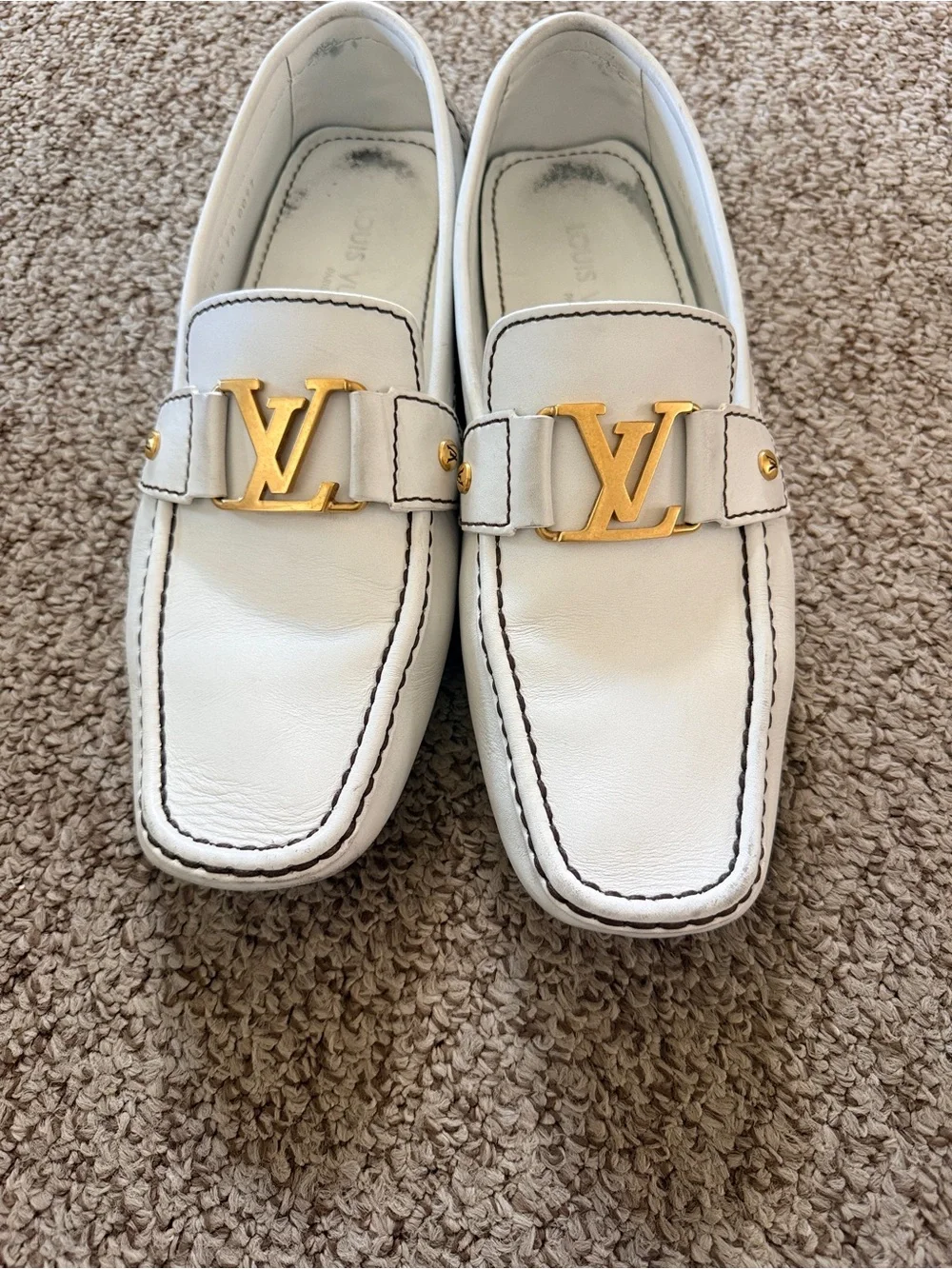 Louis Vuitton White Leather Loafers with Gold LV Hardware